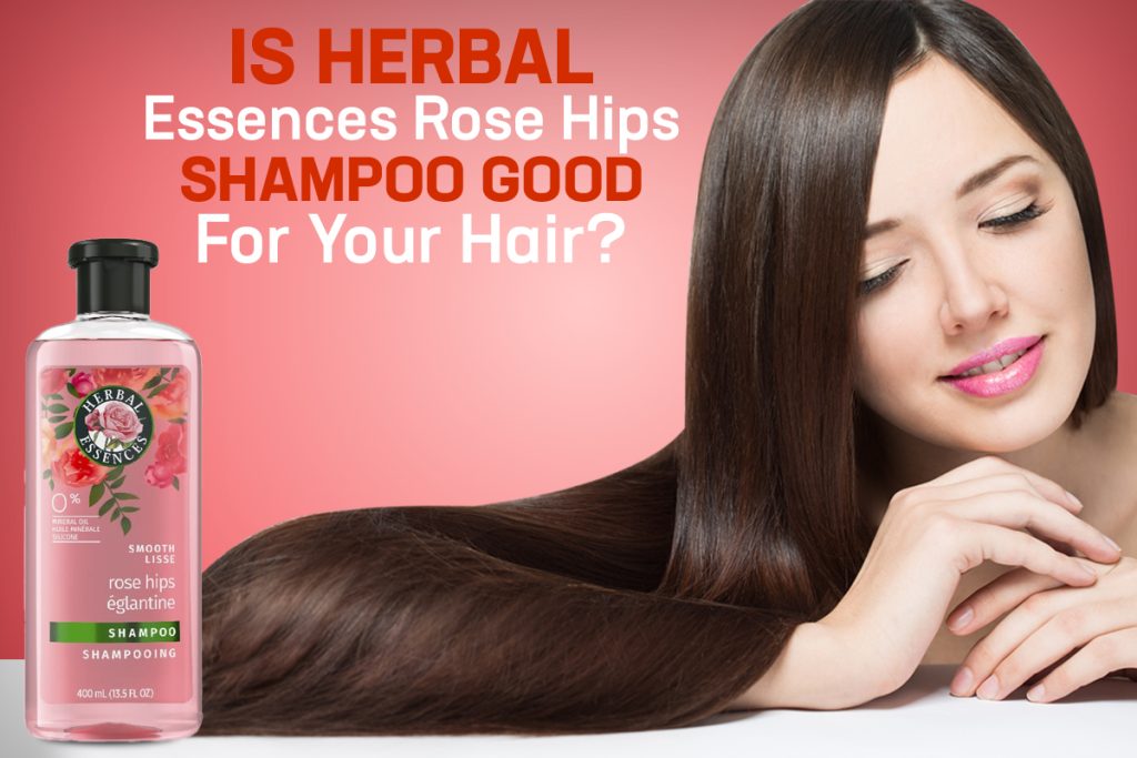 Bottle of Herbal Essences Rose Hips Shampoo placed on a bathroom counter with roses and natural ingredients, highlighting its floral and herbal formula for hair care.