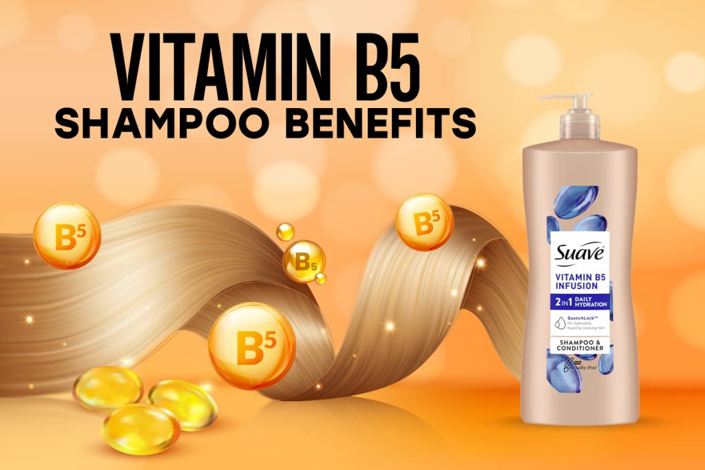 Bottle of Vitamin B5 shampoo with natural ingredients like aloe vera and panthenol placed on a bathroom counter, highlighting benefits for healthy hair.