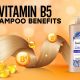 Bottle of Vitamin B5 shampoo with natural ingredients like aloe vera and panthenol placed on a bathroom counter, highlighting benefits for healthy hair.